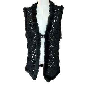 Josephine Chaus Vtg Black Crochet Open Knit Sleeveless Vest SZ M Rabbit Fur 80's